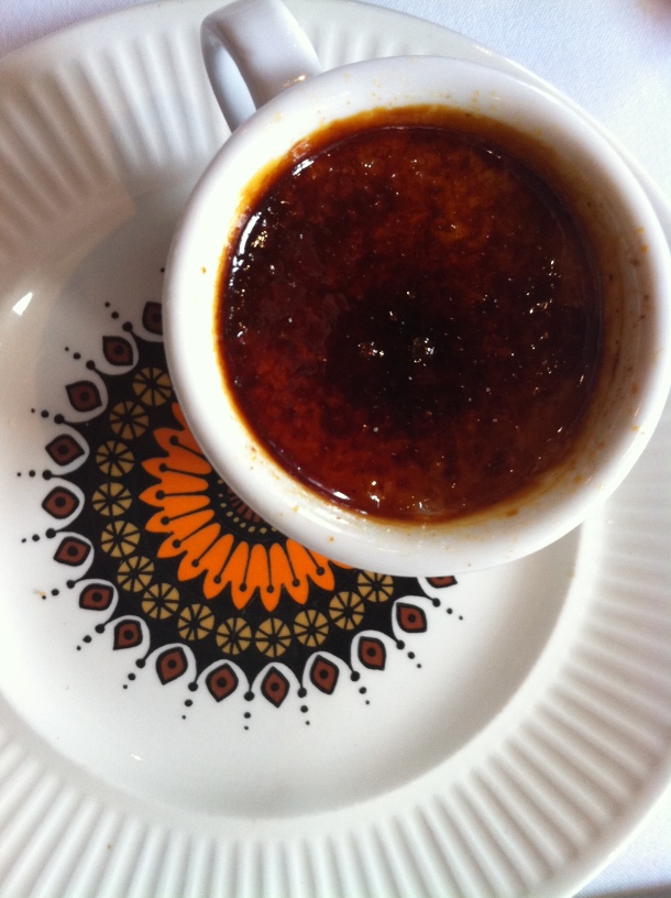 Creme brulee in a tea cup